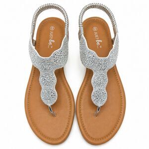 Just Be Silver Rhinestone Thong Sandals Size 9 Sparkly Stretch Slingback NWT